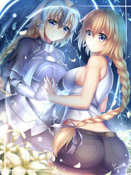 Rule 34 | 2girls, alternate costume, ass, blue eyes, bow, braid, casual, dual persona, fate/apocrypha, fate/grand order, fate (series), flower, gauntlets, guardian-panda, hair bow, hair ribbon, headgear, highres, huge ass, jeanne d&#039;arc (fate), jeanne d&#039;arc (girl from orleans) (fate), jeanne d&#039;arc (ruler) (fate), light brown hair, lily (flower), long hair, looking at viewer, multiple girls, petals, ribbon, short shorts, shorts, single braid, smile, tank top
