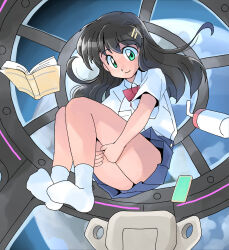 Rule 34 | 1girl, black hair, blue skirt, book, bow, bowtie, commission, earth (planet), floating, full body, green eyes, hair ornament, hairclip, hugging own legs, long hair, looking at viewer, masuki, open book, original, planet, pleated skirt, red bow, red bowtie, shirt, skeb commission, skirt, socks, solo, space, white shirt, white socks, zero gravity
