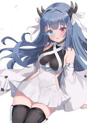 Rule 34 | 1girl, azur lane, blue eyes, blue hair, choker, clothing cutout, covered navel, detached sleeves, dress, glowing, glowing eyes, heterochromia, highres, horns, ibuki (azur lane), lace, lace choker, long hair, multicolored clothes, multicolored dress, multiple horns, natsuki (natsu 1936), red eyes, ribbon, sideless outfit, smile, underboob cutout, white background, white ribbon