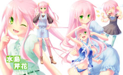 Rule 34 | &gt; &lt;, 1girl, absurdres, bikini, blush, cafe sourire, closed eyes, dress, eretto, green eyes, hair ornament, highres, long hair, looking at viewer, mizushima serika, one eye closed, open mouth, pink hair, short sleeves, simple background, smile, solo, striped clothes, striped thighhighs, swimsuit, thighhighs, tongue, tongue out, twintails, white background, zettai ryouiki