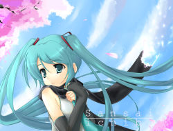 Rule 34 | blouse, blue eyes, blue hair, cherry blossoms, detached sleeves, hair ornament, hatsune miku, ichinose yuu, necktie, scarf, shirt, sleeveless, solo, standing, twintails, vocaloid