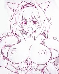 Rule 34 | 1girl, :d, animal ears, bare shoulders, blush, bouncing breasts, breasts, commentary request, copyright request, corrupted twitter file, detached collar, hair intakes, hairband, highres, large breasts, looking at viewer, monochrome, nipples, open mouth, short hair, smile, solo, traditional media, tsukareta san