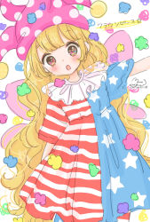 Rule 34 | 1girl, alternate eye color, american flag dress, american flag legwear, arm up, bad id, bad pixiv id, blonde hair, blush, brown eyes, character name, clownpiece, dated, dress, eye reflection, fairy wings, hat, highres, jester cap, long hair, looking at viewer, mnmktn, open mouth, pantyhose, reflection, short sleeves, signature, solo, striped clothes, striped dress, touhou, very long hair, wings