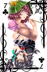 Rule 34 | 2girls, bell, bow, bowtie, card, card (medium), fang, fangs, futatsuiwa mamizou, hat, highres, houjuu nue, looking at viewer, multiple girls, parted lips, playing card, polearm, profile, rotational symmetry, simple background, smoking pipe, snake, tongue, tongue out, touhou, trident, weapon, wrist cuffs, yoiti