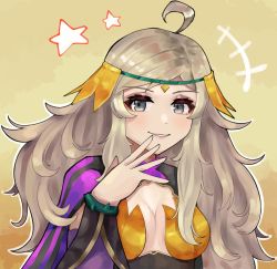 Rule 34 | 1girl, absurdres, ahoge, asymmetrical bangs, blonde hair, breasts, dtomebreaker, fire emblem, fire emblem fates, fire emblem heroes, grey eyes, highres, long hair, looking at viewer, medium breasts, nintendo, official alternate costume, ophelia (fire emblem), smile, solo, star (symbol), upper body, yellow background