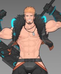 Rule 34 | 1boy, abs, bara, bare pectorals, belt, biceps, blonde hair, blue eyes, brown hair, flexing, gauntlets, gun, hunterkay, jacket, jewelry, looking at viewer, male focus, manly, mature male, multicolored hair, muscular, muscular male, necklace, nipples, open clothes, open jacket, original, pants, pectorals, smirk, solo, spiked hair, teeth, thick arms, tube, undercut, weapon, weapon on back