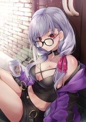 Rule 34 | 1girl, akatsuki hijiri, black camisole, blush, breasts, camisole, choker, collarbone, fate/grand order, fate (series), glasses, hair ribbon, heroic spirit tour outfit, highres, hood, hooded jacket, jacket, kama (fate), kama (tour outfit) (fate), large breasts, long hair, looking at viewer, low twintails, purple jacket, red eyes, ribbon, short shorts, shorts, silver hair, solo, thighs, twintails