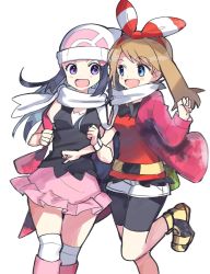 Rule 34 | 2girls, :d, bad id, bad twitter id, bike shorts, black hair, black shirt, black shorts, blue eyes, bow, bracelet, breasts, brown hair, creatures (company), dawn (pokemon), floating hair, game freak, hair bow, hairband, hat, highres, jacket, jewelry, leg up, long hair, may (pokemon), miniskirt, multiple girls, nintendo, open clothes, open jacket, open mouth, pink skirt, pokemon, pokemon dppt, pokemon oras, purple eyes, red hairband, red jacket, red shirt, scarf, shirt, short shorts, shorts, shorts under shorts, simple background, skirt, sleeveless, sleeveless shirt, small breasts, smile, standing, standing on one leg, striped, striped bow, white background, white hat, white scarf, white shorts, yuihico