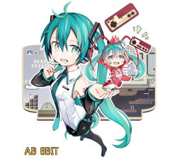 Rule 34 | 2girls, aqua eyes, aqua hair, bare shoulders, blush, cloud, coin, commentary, controller, detached sleeves, dual persona, foreshortening, from above, full body, game controller, hands up, hatsune miku, hatsune miku (vocaloid3), headphones, headset, highres, holding, holding microphone, kari kenji, long hair, microphone, mini person, minigirl, multiple girls, necktie, one eye closed, see-through, shirt, shoulder tattoo, shrimp costume, skirt, smile, spring onion, tattoo, thighhighs, twintails, very long hair, video game, vocaloid, white shirt
