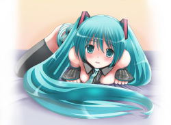 Rule 34 | 1girl, blue eyes, blue hair, breasts, breasts out, hatsune miku, long hair, matching hair/eyes, panties, sawamura nayu, solo, striped clothes, striped panties, thighhighs, twintails, underwear, very long hair, vocaloid
