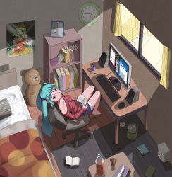 Rule 34 | 1girl, 39, aqua eyes, aqua hair, bed, bedroom, blanket, book, bookshelf, chair, clock, from above, gumi, hatsune miku, highres, indoors, keyboard (computer), long hair, mirror, monitor, mouse (computer), office chair, pillow, poster (object), shorts, sitting, solo, speaker, stuffed animal, stuffed toy, swivel chair, tissue, tissue box, trash, trash can, twintails, vocaloid, window
