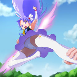 Rule 34 | 10s, 1boy, 1girl, bad id, bad pixiv id, brooch, cure fortune, detached sleeves, eyelashes, flying, hair ornament, happinesscharge precure!, heart, heart brooch, heart hair ornament, highres, hikawa iona, long hair, looking at viewer, magical girl, mont blanc (heartcatch ayaya), open mouth, panties, pantyshot, phantom (happinesscharge precure!), ponytail, precure, purple eyes, purple hair, purple skirt, serious, shirt, skirt, solo focus, thighhighs, thighs, underwear, upskirt, vest, white panties, white thighhighs, wide ponytail, wings, wrist cuffs