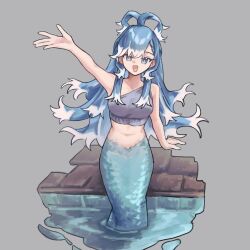 Rule 34 | 1girl, :d, absurdres, arm up, bikini, bikini top only, blue eyes, blue hair, grey background, highres, hololive, hololive indonesia, kobo kanaeru, long hair, looking at viewer, mermaid, monster girl, monsterification, multicolored hair, nats (d0ughnats), navel, open mouth, poolside, scales, simple background, smile, solo, swimsuit, virtual youtuber, water, white hair
