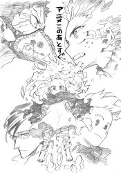 Rule 34 | 1girl, 4boys, absurdres, bandaged arm, bandaged leg, bandages, barefoot, boku no hero academia, breaking, cape, child, closed mouth, covered mouth, cracked skin, cropped shoulders, cross-eyed, crying, dress, empty eyes, eri (boku no hero academia), eye contact, floating, floating cape, floating clothes, floating hair, flying teardrops, foreground text, freckles, glasses, graphite (medium), greyscale, hatching (texture), highres, horikoshi kouhei, horns, light smile, long hair, looking at another, looking at viewer, looking to the side, loose bandages, messy hair, midoriya izuku, monochrome, multiple boys, no sclera, over-rim eyewear, overhaul (boku no hero academia), pac-man eyes, plague doctor mask, profile, rock, semi-rimless eyewear, serious, short eyebrows, short hair, short sleeves, sideways glance, sideways mouth, simple background, single horn, sir nighteye, spoilers, swept bangs, tears, text focus, togata mirio, torn cape, torn clothes, torn dress, traditional media, v-shaped eyebrows, white background, wide-eyed