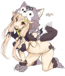 Rule 34 | 1girl, all fours, animal hands, animal hood, ass, bad id, bad twitter id, bikini, black bikini, blonde hair, blush, breasts, butt crack, dog hood, dog tail, fang, fur trim, gloves, goekawa, hair flaps, hair ornament, hair ribbon, hairclip, highres, hood, kantai collection, long hair, medium breasts, one-hour drawing challenge, open mouth, paw gloves, paw shoes, red eyes, ribbon, shoes, side-tie bikini bottom, simple background, skin fang, solo, swimsuit, tail, twitter username, white background, yuudachi (kancolle), yuudachi kai ni (kancolle)