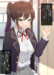 Rule 34 | 1girl, :d, blush, bow, bowtie, breasts, brown hair, buttons, check translation, highres, jacket, looking at viewer, medium breasts, naughty face, nishimori kanan, open clothes, open jacket, open mouth, original, school, school uniform, shin&#039;yashiki, shirt, skirt, smile, translated, translation request, twintails, waving, white shirt
