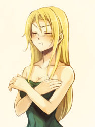 Rule 34 | 1990s (style), 1girl, :t, bare shoulders, blonde hair, blush, breasts, celes chere, cleavage, closed eyes, final fantasy, final fantasy vi, hanarin, long hair, pout, solo
