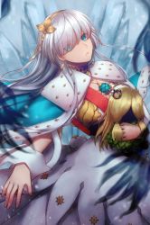 Rule 34 | 1girl, absurdres, anastasia (fate), blue cloak, blue eyes, blush, breasts, cloak, doll, dress, earrings, fate/grand order, fate (series), fur-trimmed cloak, fur trim, hair over one eye, hairband, highres, huge breasts, jewelry, kankitsurui (house of citrus), long hair, looking at viewer, neck ring, necklace, pendant, silver hair, very long hair, viy (fate), white dress