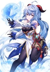 Rule 34 | 1girl, absurdres, ahoge, bare shoulders, blue hair, bodysuit, breasts, brown bodysuit, commentary, detached sleeves, feet out of frame, flower knot, ganyu (genshin impact), genshin impact, goat horns, hair between eyes, highres, hizuki miya, holding orb, horns, long hair, looking at viewer, magic, medium breasts, outstretched arm, ponytail, purple eyes, sidelocks, simple background, smile, solo, vision (genshin impact), white background, white sleeves