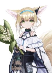 Rule 34 | 1girl, absurdres, akira (aristole), animal ear fluff, animal ears, arknights, bare shoulders, black gloves, blouse, blue hairband, blue skirt, braid, braided hair rings, closed mouth, commentary request, flower, fox ears, fox girl, fox tail, gloves, green eyes, hair between eyes, hair rings, hairband, highres, holding, holding flower, infection monitor (arknights), light brown hair, lily of the valley, looking at viewer, material growth, multicolored hair, oripathy lesion (arknights), shirt, simple background, single glove, single wrist cuff, skirt, smile, solo, streaked hair, suzuran (arknights), tail, twin braids, white background, white flower, white hair, white shirt, wrist cuffs