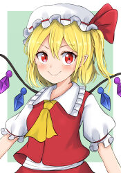 Rule 34 | 1girl, aqua background, ascot, blonde hair, blush, breasts, closed mouth, crystal, flandre scarlet, frilled shirt collar, frilled sleeves, frills, hair between eyes, hat, hat ribbon, highres, houri sh, looking at viewer, mob cap, multicolored wings, one side up, pointy ears, puffy short sleeves, puffy sleeves, red eyes, red ribbon, red skirt, red vest, ribbon, short hair, short sleeves, simple background, skirt, skirt set, sleeve ribbon, small breasts, smile, solo, touhou, upper body, vest, wings, yellow ascot