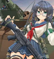 Rule 34 | 1girl, armband, assault rifle, autocannon, black hair, black thighhighs, blue sailor collar, blue skirt, braid, cannon, closed mouth, explosive, glasses, green eyes, grenade, gun, hair tie, highres, howa type 89, infantry fighting vehicle, japan self-defense force, long sleeves, looking at viewer, magazine (weapon), mikeran (mikelan), military, military vehicle, miniskirt, motor vehicle, neckerchief, original, outdoors, pleated skirt, pouch, radio antenna, red-framed eyewear, red neckerchief, remote controlled weapon station, rifle, rifle grenade, sailor collar, school uniform, serafuku, serious, shirt, side braid, skirt, solo, tank, thigh pouch, thighhighs, turret, type 06 rifle grenade, type 89 ifv, v-shaped eyebrows, walkie-talkie, weapon, white shirt