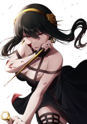 Rule 34 | 1girl, black dress, black hair, blood, blood on face, blood splatter, bloody weapon, breasts, cleavage, dress, dual wielding, floating hair, flower, hair between eyes, hair flower, hair ornament, hairband, highres, holding, long hair, looking at viewer, medium breasts, nagura shiro, red eyes, short dress, sleeveless, sleeveless dress, solo, spy x family, thighhighs, twintails, weapon, white background, yellow flower, yellow hairband, yor briar