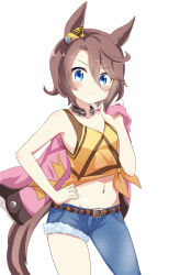 Rule 34 | 1girl, animal ears, asymmetrical clothes, bare arms, bare shoulders, blue eyes, blue pants, blush, brown hair, closed mouth, collarbone, commentary request, cutoffs, denim, fur-trimmed jacket, fur trim, hair between eyes, hand on own hip, hand up, highres, holding, holding clothes, holding jacket, horse ears, horse girl, horse tail, jacket, jacket over shoulder, unworn jacket, jeans, looking at viewer, massala, midriff, narita taishin (umamusume), navel, pants, parted bangs, pink jacket, simple background, single pantsleg, solo, tail, tank top, umamusume, white background, yellow tank top