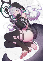 Rule 34 | 1girl, absurdres, arknights, ass, black pantyhose, crocodilian tail, dilated pupils, feet, female focus, gloves, goggles, goggles around neck, grey gloves, grey hair, highres, holding, holding staff, hood, lan mao akko, large tail, legs, lower body, pantyhose, pointy ears, single sidelock, soles, solo, staff, stirrup legwear, tail, thighs, toeless legwear, toes, tomimi (arknights), torn clothes, torn pantyhose, white hair