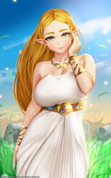 Rule 34 | 1girl, artist name, bare shoulders, belt, blonde hair, breasts, closed mouth, collarbone, contrapposto, day, dress, easonx, grass, green eyes, hand on own cheek, hand on own face, highres, jewelry, large breasts, light smile, long hair, looking at viewer, necklace, nintendo, outdoors, parted bangs, pointy ears, princess zelda, rock, sky, solo, strapless, strapless dress, the legend of zelda, the legend of zelda: breath of the wild, thick eyebrows, underbust, very long hair, white dress, wind