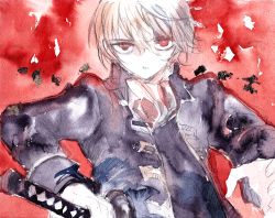 Rule 34 | 1boy, ameranpu, blonde hair, fingernails, gintama, hair between eyes, hatching (texture), highres, holding, holding sword, holding weapon, katana, male focus, okita sougo, painting (medium), parted lips, red background, red eyes, sketch, solo, sword, traditional media, upper body, watercolor (medium), weapon