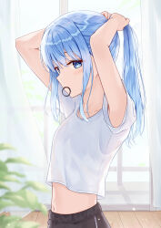 1girl absurdres black_shorts blue_eyes blue_hair blurry blurry_foreground curtains depth_of_field from_side hair_tie_in_mouth highres hololive hoshimachi_suisei indoors looking_at_viewer loungewear medium_hair mouth_hold ponytail rieatco see-through_silhouette shirt short_sleeves shorts sidelocks sideways_glance solo star_(symbol) star_in_eye symbol_in_eye t-shirt tying_hair virtual_youtuber white_shirt wooden_floor