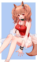 Rule 34 | 1girl, :d, absurdres, angelina (arknights), angelina (summer flower) (arknights), animal ears, arknights, black collar, blue background, blush, border, bracelet, breasts, brown hair, cleavage, collar, collarbone, fang, feet out of frame, fox ears, fox girl, fox tail, hair ribbon, highres, infection monitor (arknights), jewelry, long hair, looking at viewer, lxjun 09, medium breasts, necklace, official alternate costume, one-piece swimsuit, open mouth, outside border, red eyes, red one-piece swimsuit, red ribbon, ribbon, sarong, simple background, skin fang, smile, solo, swimsuit, tail, twintails, white border, white sarong