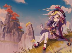 Rule 34 | 1girl, ama73, bandaged arm, bandages, black nails, braid, coin hair ornament, dress, evening, flower, frilled dress, frilled sleeves, frills, genshin impact, grass, hair ornament, hat, highres, long hair, long sleeves, mountain, nail polish, outdoors, pink eyes, pom pom (clothes), purple dress, purple footwear, purple hair, qiqi (genshin impact), shoes, sitting, talisman, thighhighs, tree, vision (genshin impact), white flower, white thighhighs, wide sleeves