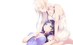 Rule 34 | 10s, 2girls, ayase eli, babydoll, bare shoulders, barefoot, blonde hair, blush, breasts, cait aron, cleavage, closed eyes, green eyes, holding hands, highres, lap pillow, large breasts, long hair, looking at another, looking down, love live!, love live! school idol project, lying on lap, lying on person, multiple girls, nightgown, open mouth, purple hair, sitting, smile, tojo nozomi, twintails, wariza, yuri