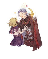 Rule 34 | 1boy, 1girl, a082, blonde hair, blue eyes, closed eyes, dirty, dirty face, djeeta (granblue fantasy), gloves, granblue fantasy, grimnir (granblue fantasy), grimnir (valentine) (granblue fantasy), heterochromia, jacket, jacket on shoulders, open mouth, pointy ears, puffy sleeves, red eyes, short hair, short sleeves, silver hair, skirt, smile, warlock (granblue fantasy), white gloves, wiping face