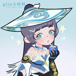 Rule 34 | 1girl, aqua eyes, artist name, belt, black belt, black bow, black gloves, black skirt, blue background, blue bow, blue brooch, blue hat, blue shirt, blunt bangs, bow, bow choker, brown hair, can, chibi, choker, collarbone, cowboy shot, detached sleeves, drink can, drinking, drinking straw, elbow gloves, eyelashes, glin xiao lingdang, gloves, gradient background, hair bow, hair bun, hair ornament, hair through headwear, hairclip, hat, highres, holding, holding can, jianxia qingyuan (series), jianxia qingyuan online 3, layered sleeves, light blush, lipstick, long hair, looking at viewer, makeup, midriff, pepsi, polka dot, polka dot background, red lips, rice hat, shirt, single hair bun, skirt, sleeveless, sleeveless shirt, soda can, solo, sparkling eyes, star (symbol), straight hair, very long hair, wave print, white background, white bow, white sleeves, x hair ornament