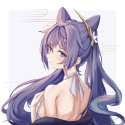 Rule 34 | 1girl, bare shoulders, braid, breasts, chinese commentary, commentary request, cone hair bun, double bun, from behind, genshin impact, hair bun, hair ornament, hairclip, half-closed eyes, hand on own chest, keqing (genshin impact), kirituka yuuka, light smile, looking at viewer, looking back, medium breasts, purple eyes, purple hair, sideboob, solo, twintails, white background