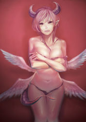 Rule 34 | 1girl, bad id, bad pixiv id, black panties, breasts, covering privates, covering breasts, demon girl, horns, iroai midodo, large breasts, low wings, open mouth, original, panties, pink eyes, pink hair, pointy ears, short hair, solo, tail, tears, underwear, wavy mouth, wings