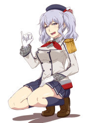 Rule 34 | 1girl, blue skirt, blue socks, blush, brown footwear, collared shirt, epaulettes, full body, gloves, grey eyes, grey jacket, grey shirt, hair between eyes, handjob gesture, hat, ishii hisao, jacket, kantai collection, kashima (kancolle), licking lips, miniskirt, neckerchief, pinky out, pleated skirt, red neckerchief, seductive smile, shirt, shoes, silver hair, simple background, skirt, smile, socks, solo, squatting, tongue, tongue out, twintails, white background, white gloves, wing collar