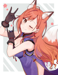 Rule 34 | 1girl, absurdres, ahoge, animal ears, arisugawa natsuha, bare shoulders, black eyes, black gloves, blush, breasts, china dress, chinese clothes, cleavage, closed mouth, collarbone, dot nose, dress, earrings, fake animal ears, fake tail, fox ears, fox shadow puppet, fox tail, gloves, grey background, highres, idolmaster, idolmaster shiny colors, jewelry, large breasts, long hair, looking at viewer, one eye closed, orange hair, purple dress, shiro (branch0126), side slit, simple background, smile, solo, swept bangs, tail