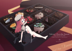 Rule 34 | 1girl, bare legs, barefoot, beret, black skirt, blue eyes, box, box of chocolates, chocolate, commentary request, food, food on face, grey shirt, hair ribbon, hat, haya bs, highres, long hair, looking at viewer, looking to the side, minamoto sakura, mini person, minigirl, oversized food, oversized object, polka dot, polka dot ribbon, puffy short sleeves, puffy sleeves, red hair, ribbon, sailor collar, shirt, short sleeves, skirt, solo, valentine, zombie land saga