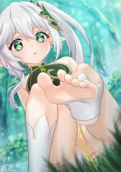 Rule 34 | 1girl, a-plug, barefoot, cleft of venus, feet, foot up, genshin impact, grass, green eyes, highres, long hair, looking at viewer, nahida (genshin impact), no panties, outdoors, parted lips, pee, peeing, pointy ears, pussy, side ponytail, silver hair, soles, solo, stirrup legwear, sweat, toeless legwear, toes, uncensored