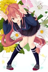 Rule 34 | &gt; &lt;, 10s, 1girl, :3, antenna hair, arms up, blouse, blush, bug, butterfly, closed eyes, crescent, crescent hair ornament, eyebrows, fang, floral background, flower, full body, hair between eyes, hair ornament, highres, insect, kantai collection, kneehighs, leaf, leaning forward, long hair, long sleeves, one eye closed, open mouth, pink eyes, pink hair, rabbit hair ornament, school uniform, serafuku, shirt, shoes, skirt, smile, socks, solo, standing, uzuki (kancolle), very long hair, x3, yuki (yukin0128)