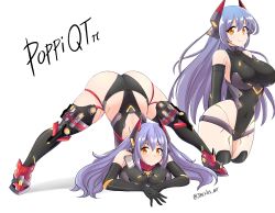 Rule 34 | 1girl, absurdres, ass, bare shoulders, boots, breast press, breasts, elbow gloves, gloves, headgear, highres, jack-o challenge, jarckius, large breasts, leotard, long hair, looking at viewer, orange eyes, poppi (xenoblade), poppi qtpi (xenoblade), purple hair, shiny clothes, shiny skin, smile, solo, thighhighs, top-down bottom-up, very long hair, xenoblade chronicles (series), xenoblade chronicles 2