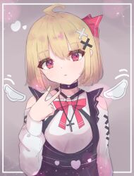 Rule 34 | 1girl, absurdres, ahoge, alternate costume, bare shoulders, blonde hair, bow, bowtie, closed mouth, commentary request, cross, cross necklace, grey background, hair ornament, hair ribbon, heart, highres, jewelry, long sleeves, looking at viewer, matcha yado, necklace, red bow, red bowtie, red eyes, red ribbon, ribbon, rumia, short hair, solo, touhou, upper body, v, wings, x hair ornament
