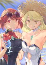 Rule 34 | 2girls, bare shoulders, beach, black one-piece swimsuit, blonde hair, blush, breasts, competition swimsuit, covered navel, day, earrings, fujie-yz, gem, hair ornament, hat, headpiece, highres, jewelry, large breasts, long hair, looking at viewer, multiple girls, mythra (radiant beach) (xenoblade), mythra (xenoblade), nintendo, one-piece swimsuit, pyra (pro swimmer) (xenoblade), pyra (xenoblade), red eyes, red hair, short hair, simple background, strapless, strapless one-piece swimsuit, swept bangs, swimsuit, tiara, xenoblade chronicles (series), xenoblade chronicles 2