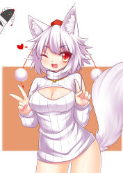 Rule 34 | 1girl, animal ears, blush, breasts, cleavage, double v, hat, heart, inubashiri momiji, large breasts, looking at viewer, meme attire, one eye closed, open-chest sweater, pom pom (clothes), red eyes, ribbed sweater, shameimaru aya, shameimaru aya (crow), short hair, silver hair, smile, sweater, tail, thumbs up, tokin hat, touhou, v, wolf ears, wolf tail, wolflong