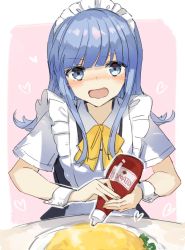 Rule 34 | 1girl, adapted costume, alternate costume, apron, ascot, blue eyes, blue hair, bottle, clothes lift, commentary request, dress, dress lift, enmaided, food, frilled apron, frills, grey vest, hatsukaze (kancolle), kantai collection, ketchup, looking at viewer, maid, maid headdress, omelet, omurice, one-hour drawing challenge, open mouth, shirt, solo, upper body, vest, white apron, white shirt, yamashichi (mtseven), yellow ascot