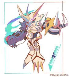 Rule 34 | 765 nanami, blue eyes, character name, chibi, digimon, digimon (creature), highres, horns, looking at viewer, mecha, multiple heads, omegamon, robot, simple background, twitter username, white background